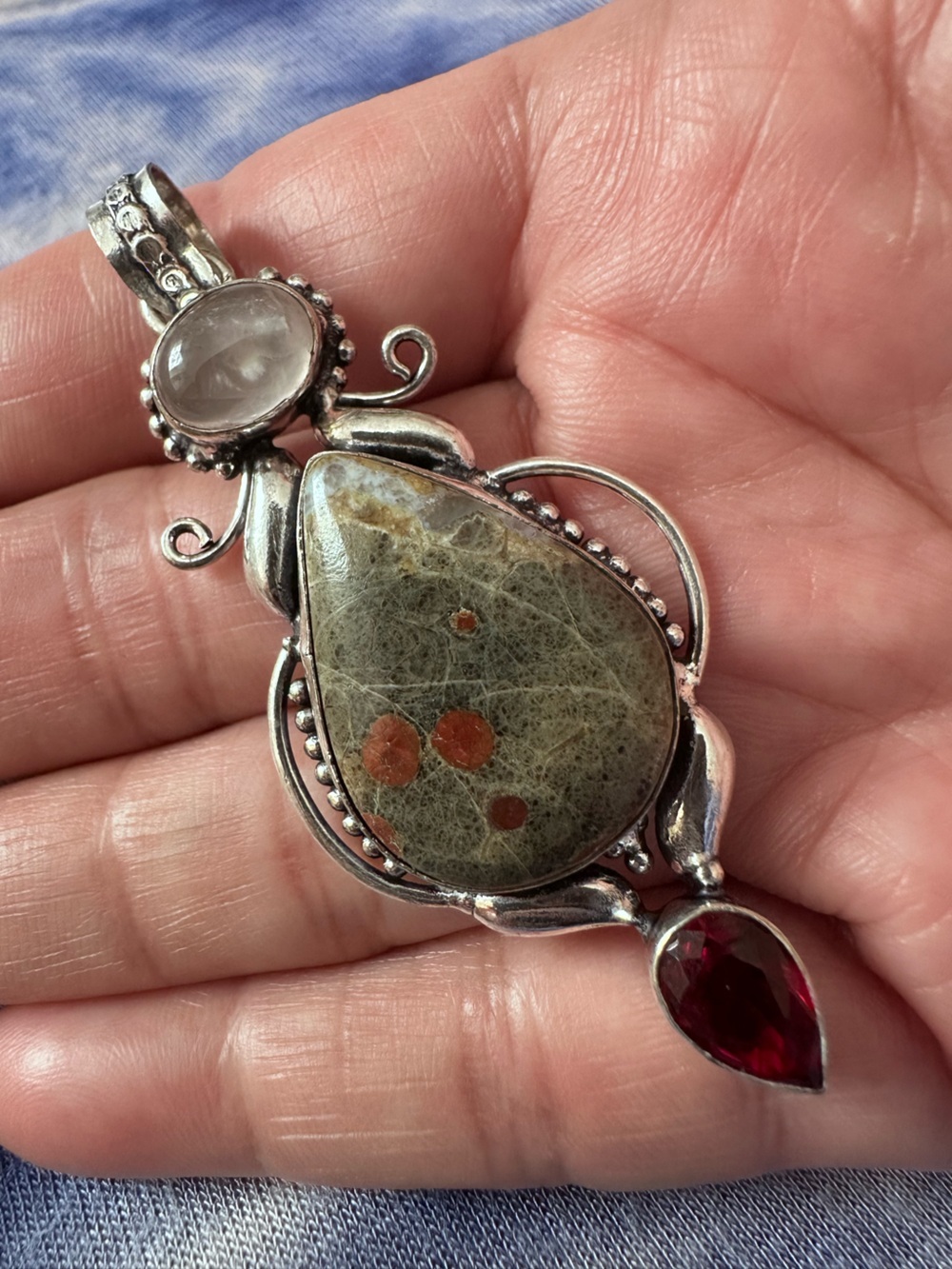 Artisan Sterling Teardrop UNAKITE Pendant with Garnet and Rose Quartz Accents